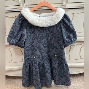 Janie and Jack Black Rock Heather Floral Faux Fur Collar Floral Jacquard Dress